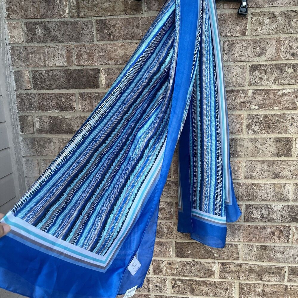 NWT Laura Blue Striped Silk Look Scarf Lightweight Resortwear Bohemian Wrap